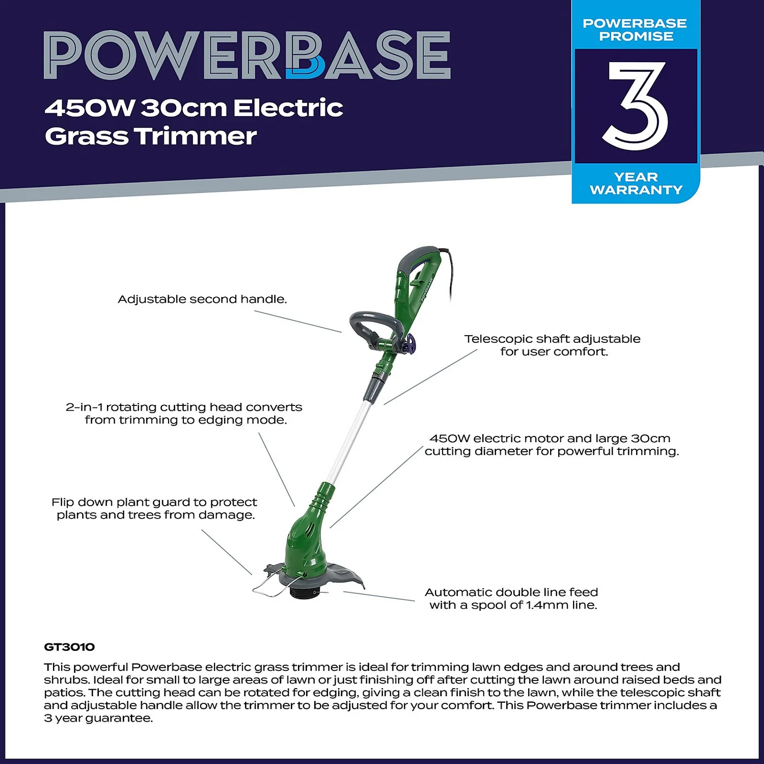 Powerbase 450W Electric Grass Trimmer - 30cm 4 Powerbase 450W Electric Grass Trimmer - 30cm - Image 2