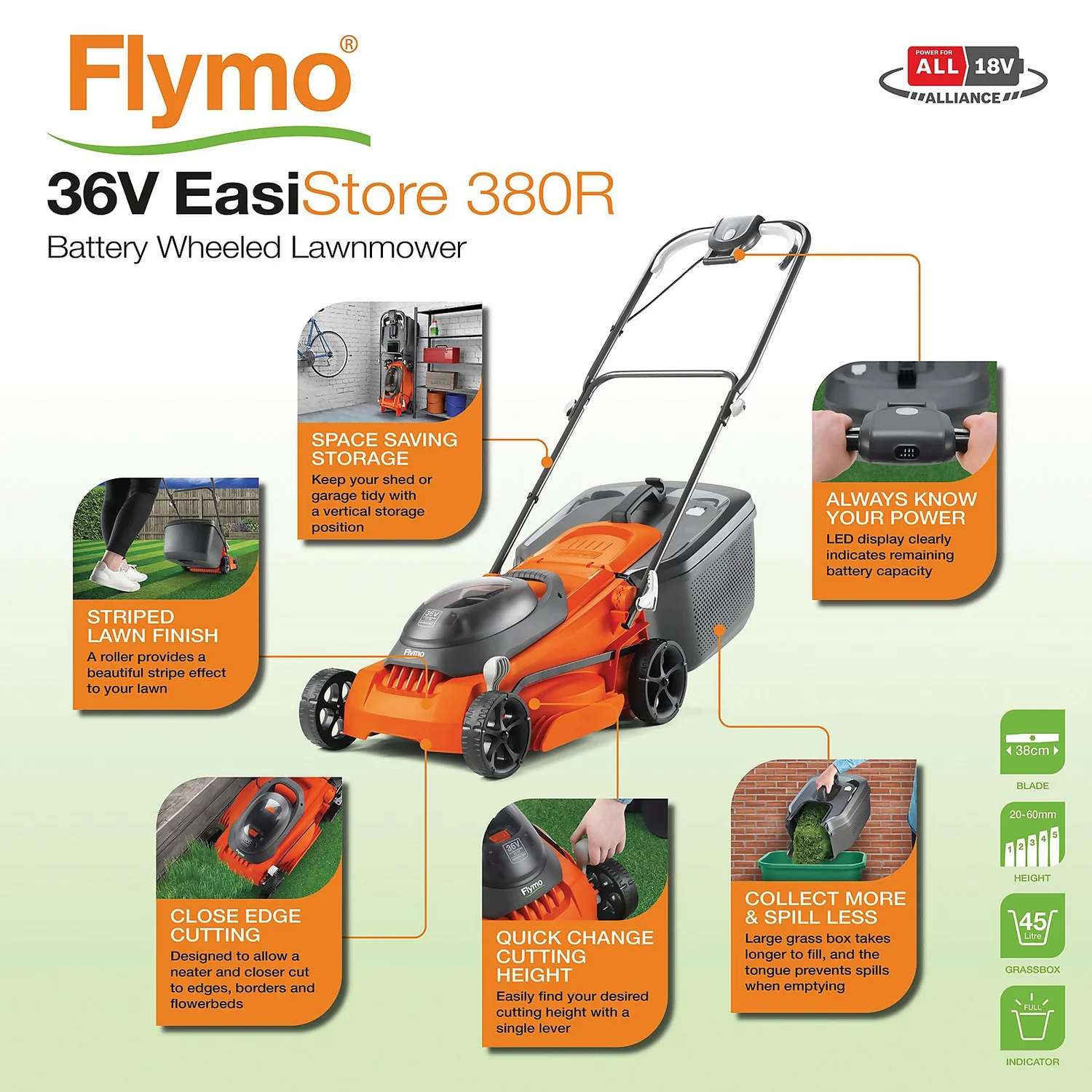 Flymo 36V EasiStore 380 Cordless Lawn Mower - 38cm 4 Flymo 36V EasiStore 380 Cordless Lawn Mower - 38cm - Image 2