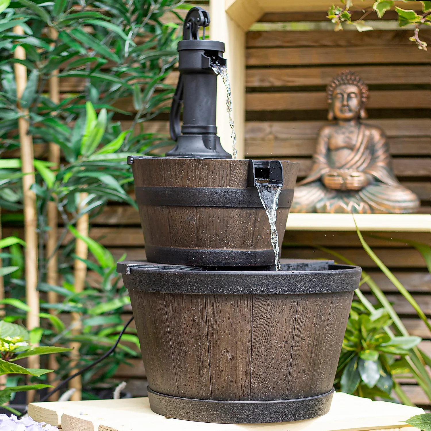 Stylish Fountain Whiskey Barrels Garden Water Feature 4 Stylish Fountain Whiskey Barrels Garden Water Feature - Image 2